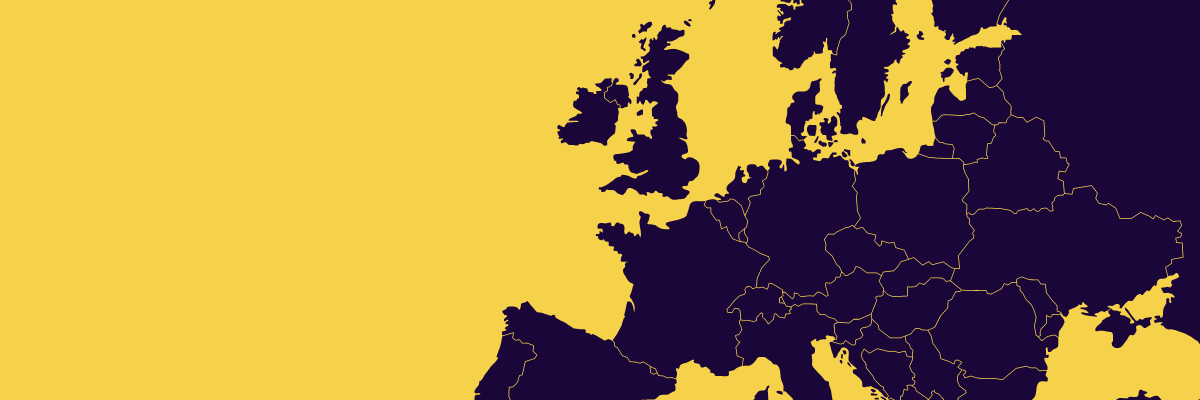 Purple silhouette of a map of Europe on a yellow background